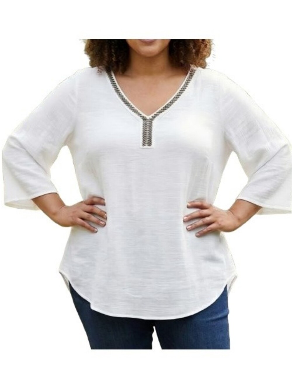 I.N. Studio Plus White Blouse V-Neck Beaded Accents 3/4 Sleeves Boho Lightweight